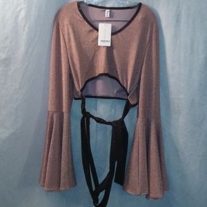 Lilicherry pink black sparkle bell sleeve tie top